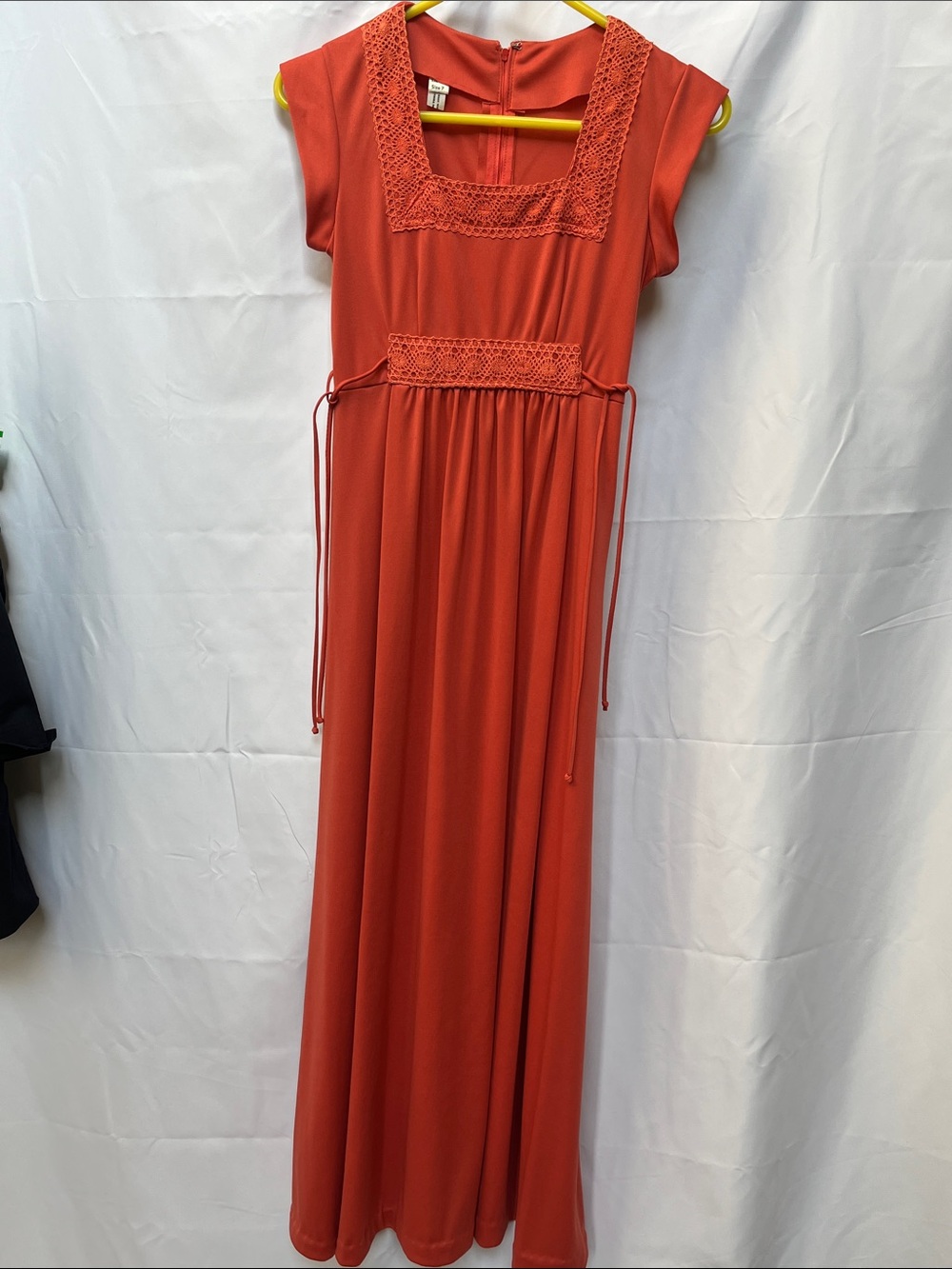Vintage bridesmaids dress Women's Rust Coral Maxi Dress with Crochet Trim